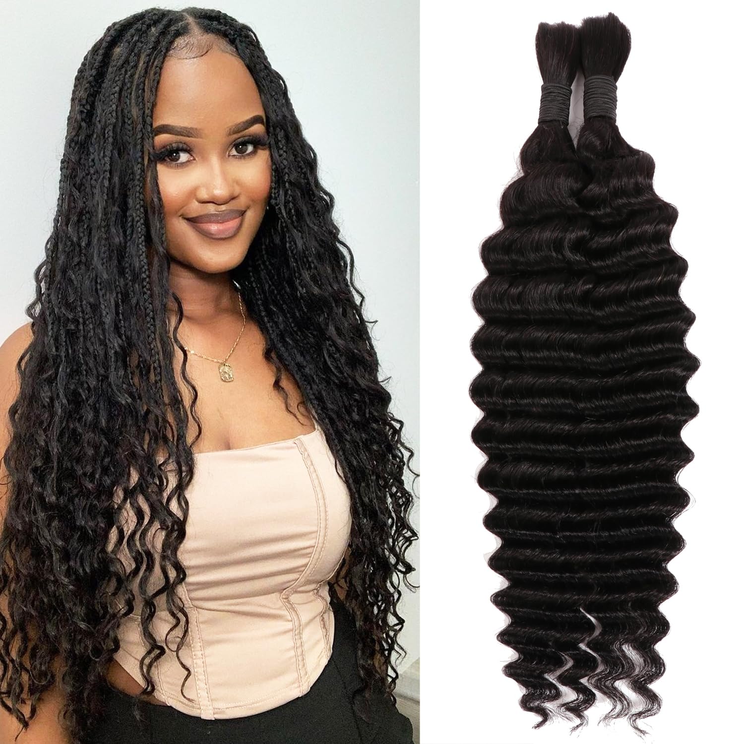 Bulk Human Hair for Braiding 22 Inch Deep Wave Human Braiding Hair Micro Braids Human Hair 100% Unprocessed Brazilian No Weft Human Braiding Hair (1B#, 22Inch 100g(50gx2Bundles)) — image 1