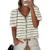 NALANISA Women's Short Sleeve Sweater Spring Summer Crochet Knit Tops 2026 V Neck Striped Button Down Dressy Casual Blouses