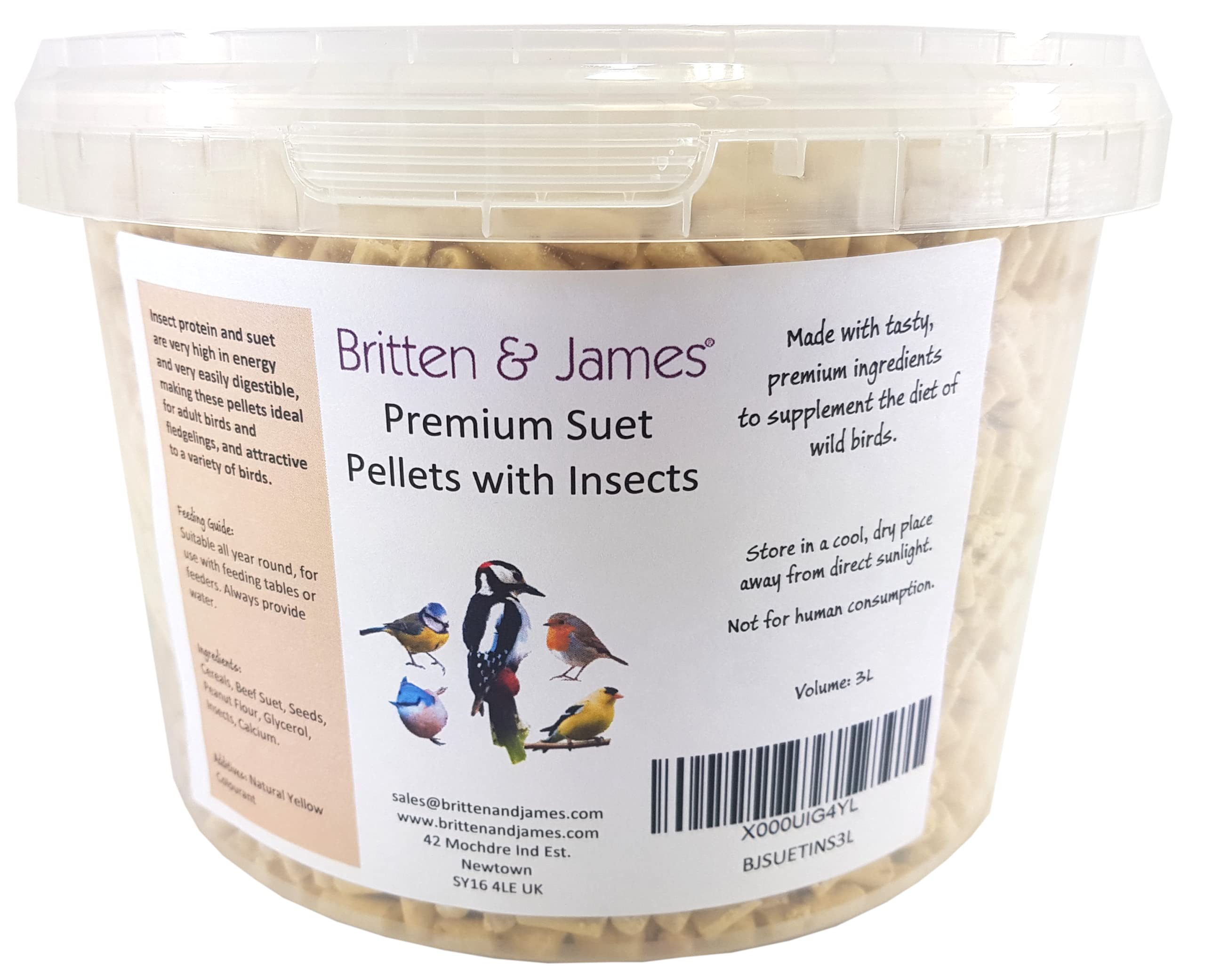 Britten & James Premium Suet Pellets with Insects for Wild Birds in a Stay Fresh 3L Tub (1.9Kg)