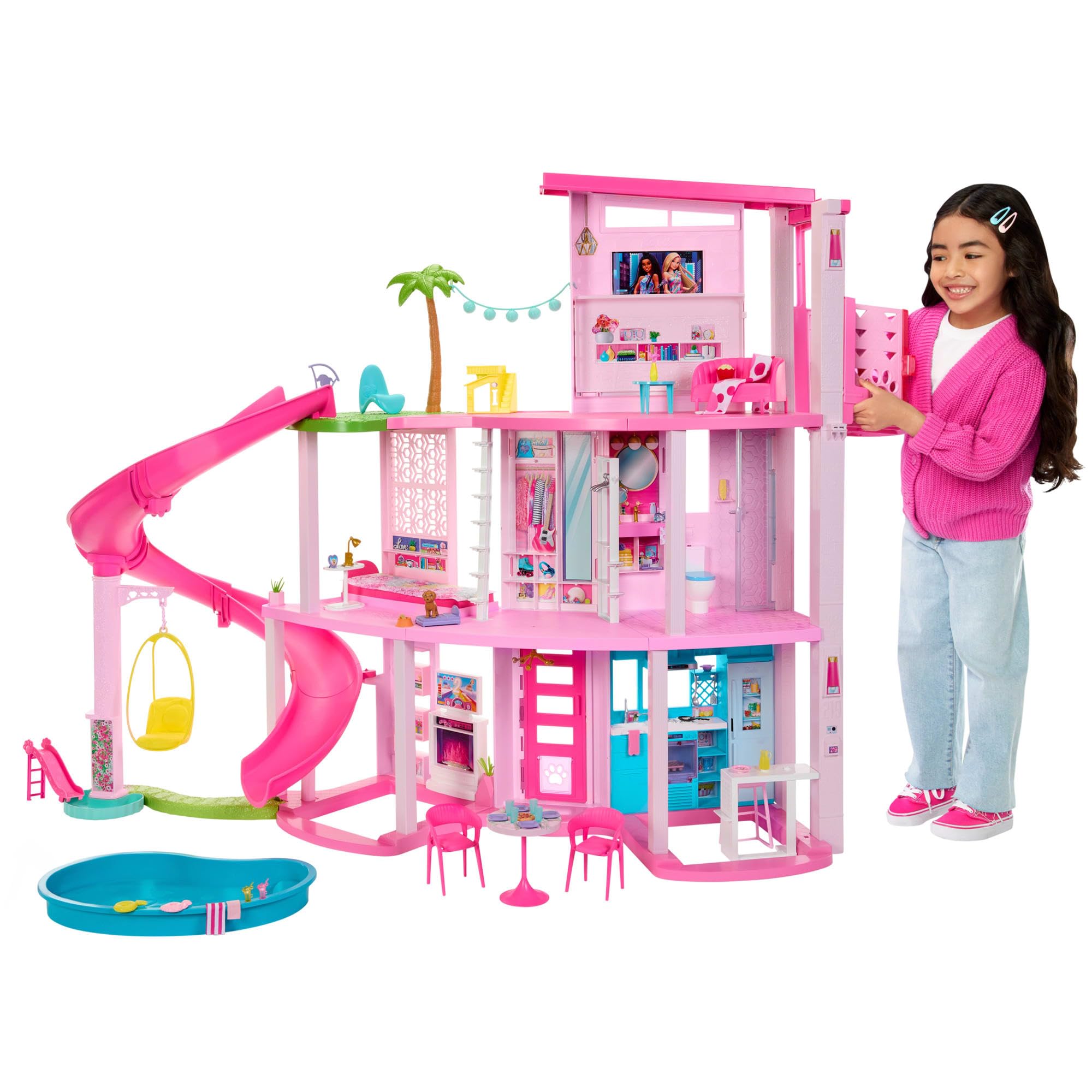 Barbie Dreamhouse, Pool Party Doll House with 75+ Pieces and 3-Story Slide, House Playset, Pet Elevator and Puppy Play Areas