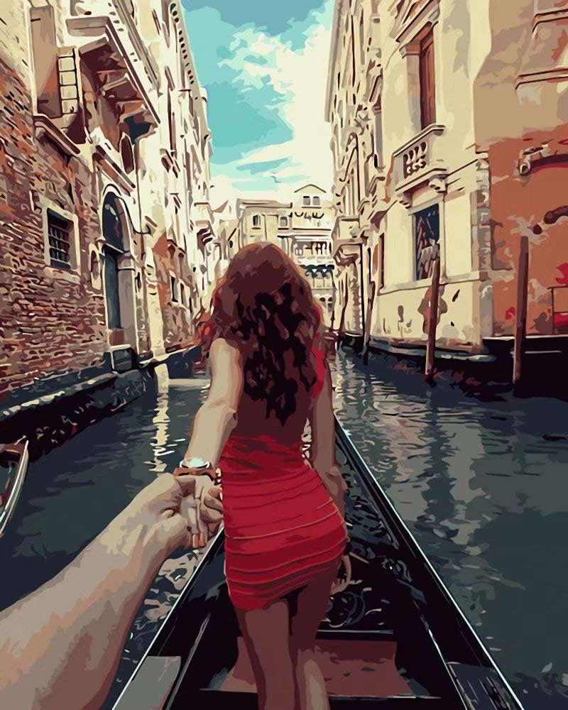 DIY Oil Painting for Adults Kids Paint By Number Kit Digital Oil Painting River Boat Romantic Holding Hands 16X20 Inches