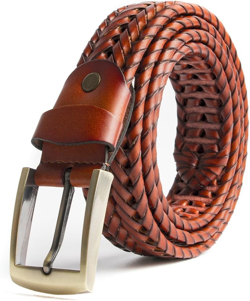 Men Braided Woven Genuine Leather Belt Brown