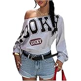 RoseSeek Women's Off The Shoulder Oversized Sweatshirt Y2K Letter Graphic Crop Tops Long Sleeve Pullovers