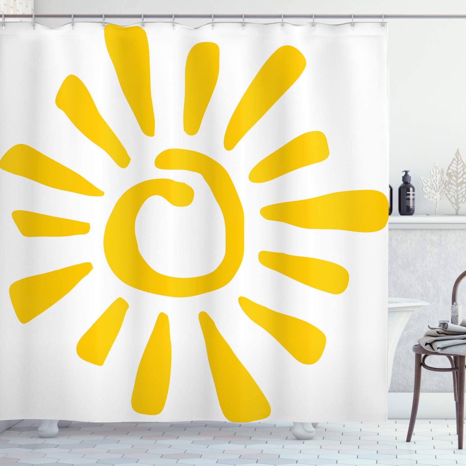ABAKUHAUS Sun Shower Curtain, Childish Doodle Style Sun Circle and Rays Burst Beams Nature Hot Summertime, Cloth Fabric Bathroom Decor Set with Hooks, 94 Inches, Yellow White