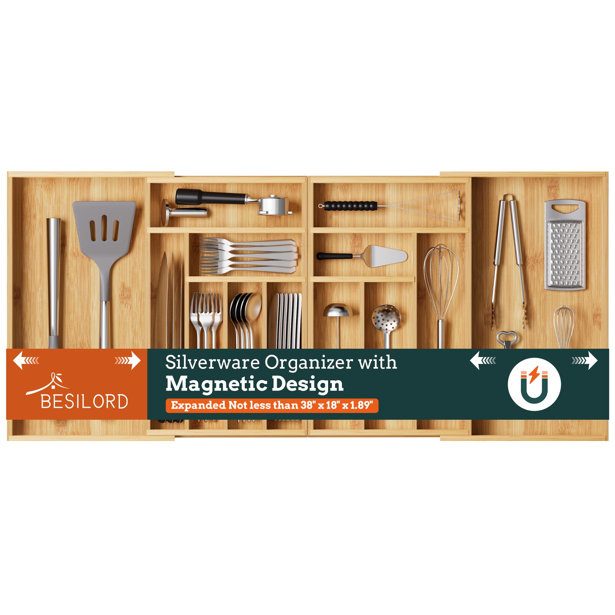 Photo 1 of ***(COLOR IS BLACK/ MINOR DAMAGE/ STOCK PHOT FOR REFERENCE ONLY)***Silverware Organizer Large, Magnetic Connected Expandable 13 Slots Silverware Drawer Organizer From 21 to 37.4 Inches, Adjustable Flatware and Cutlery Holder, Bamboo Utensil Tray for Kitch