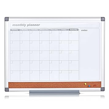Swansea 3 in 1 Mehrzwecktafeln - Monatskalender Whiteboard Magnettafel und Pinnwand, Weiß, 60X45cm