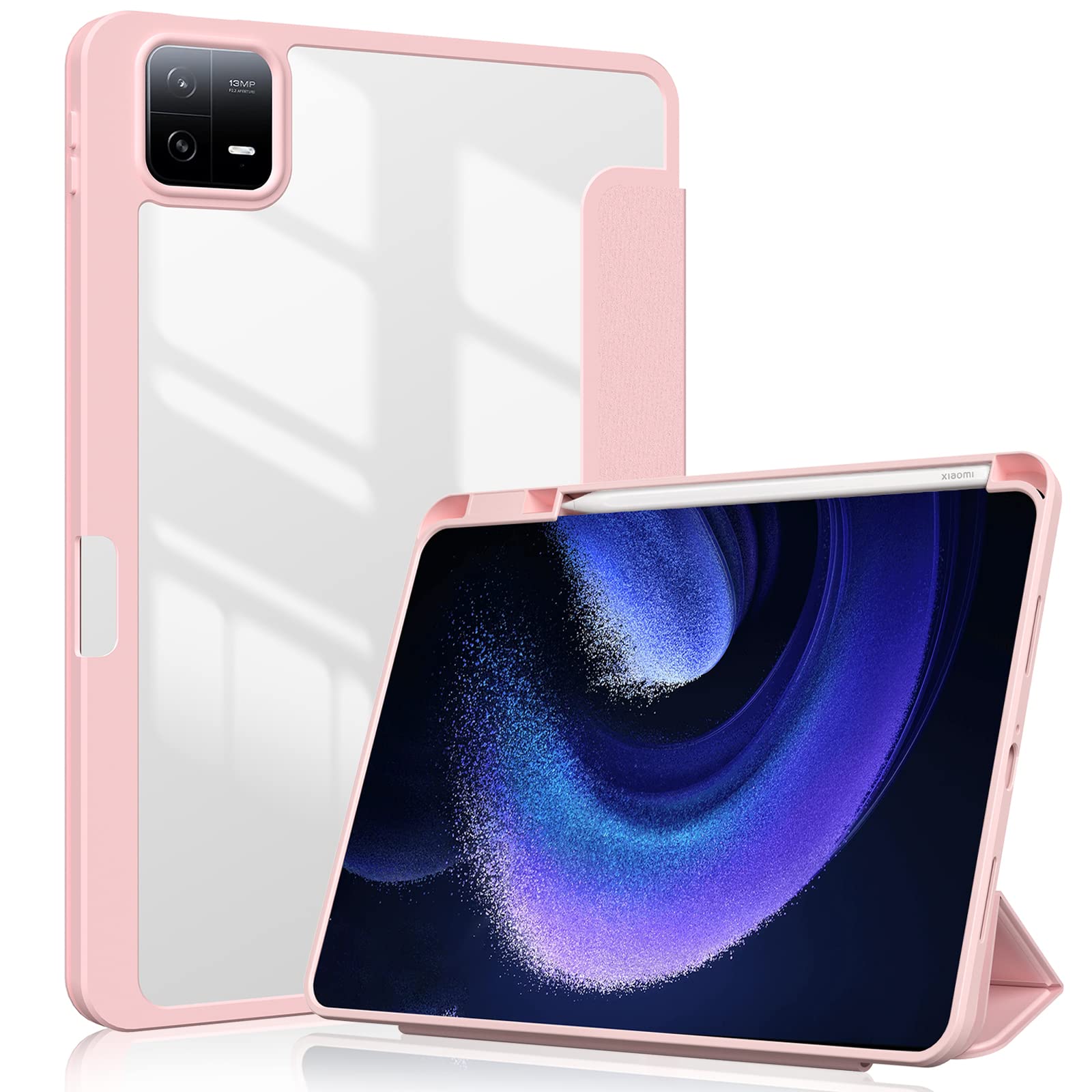 ProtUTab Case Compatibale with Xiaomi Pad 6/Pad 6 Pro Case 11.0 inch, Auto Wake & Sleep Slim Trifold Stand Case Cover with Pencil Holder, Clear Trasparent Back Shell Csae, Pink
