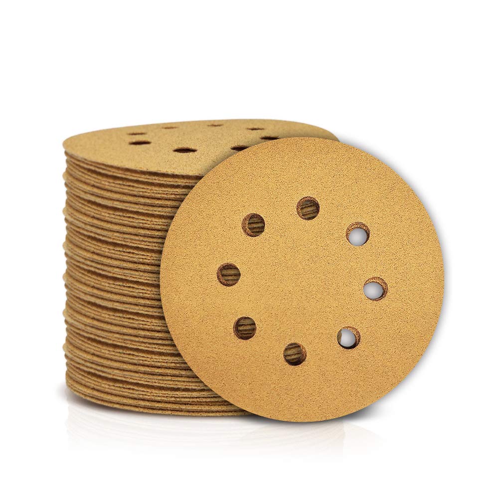 SPEEDWOX 100 Pcs 5 Inches 8 Hole Sanding Discs 80 Grit Dustless Hook and Loop Sandpaper for Random Orbital Sander Yellow Finishing Discs for Automotive Woodworking