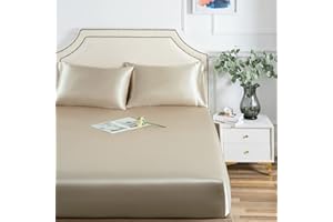 LUXBEDDING Satin Fitted Sheet, Full Fitted Sheet Only, 1 - Piece Ultra Soft Deep Pocket Single Silk Bottom Bed Sheet Full - Taupe