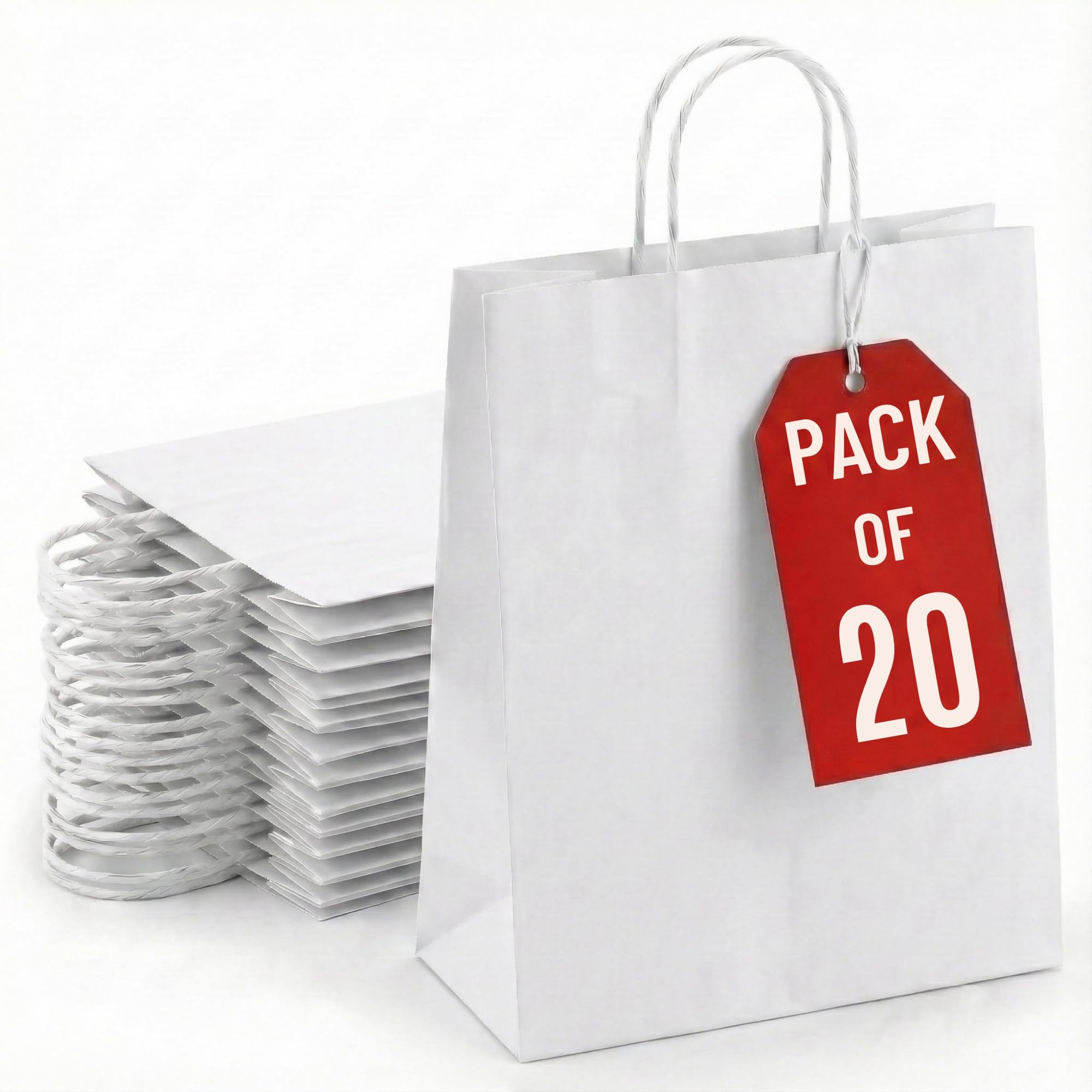 Kids Party Bags - 20Pcs Wrinkle Free Paper Party Bags with Twisted Handles - White Party Bags, 100gsm Strong Recyclable Gift & Kraft Bags for Birthdays & Baby Showers 24×18×8cm