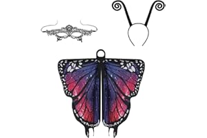 YukiniYa Cute Halloween Costume Wings For Girls Women Butterfly Fairy Shawl with Antenna Headband and Lace Mask