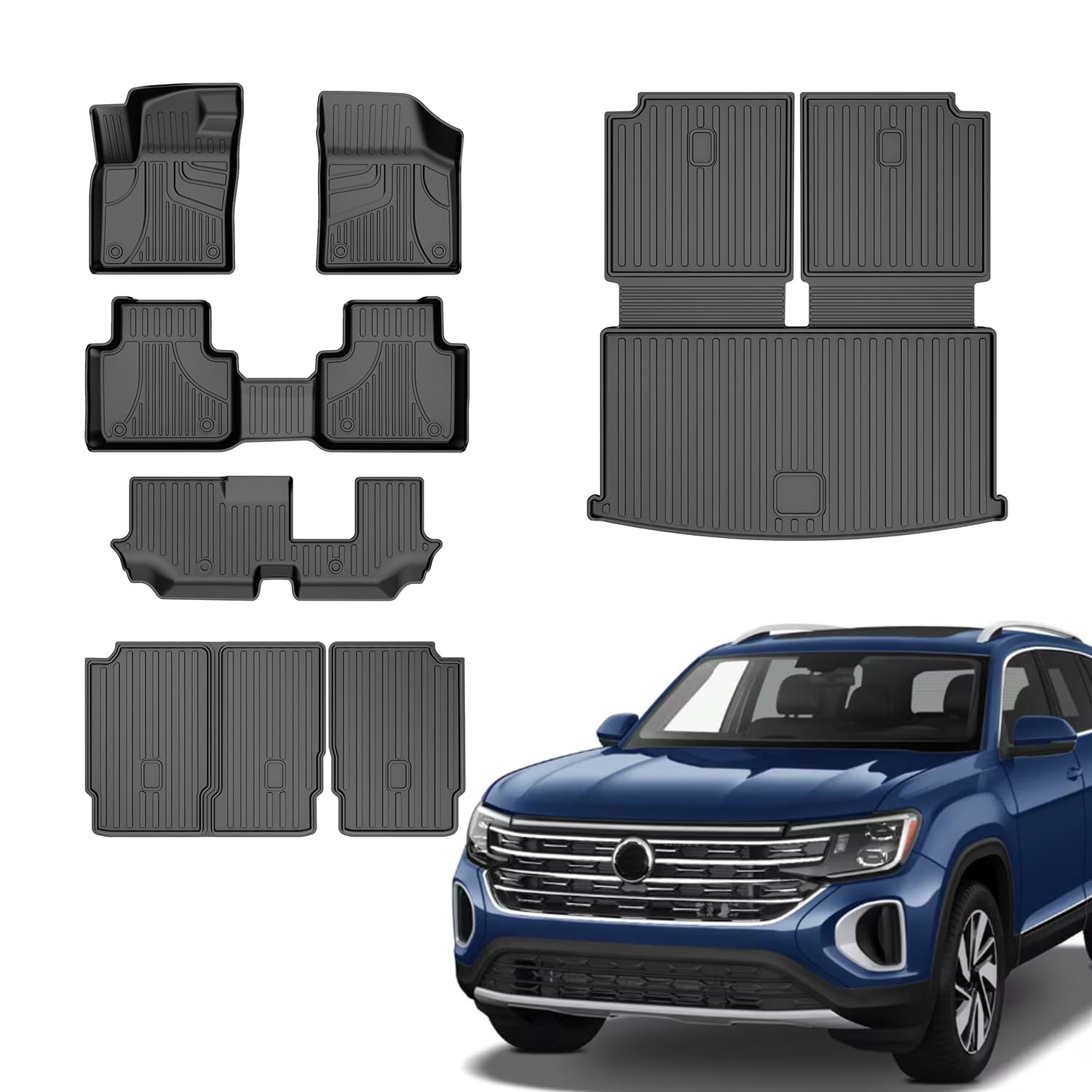 AOMSAZTO Floor Mats Compatible with 2018-2025 2026 Volkswagen Atlas (Not for Cross Sport): VW Atlas TPE All Weather Protection Floor Mats & 2nd Row Backrest Mat & 3 Row Backrest Mat & Cargo Liner Image
