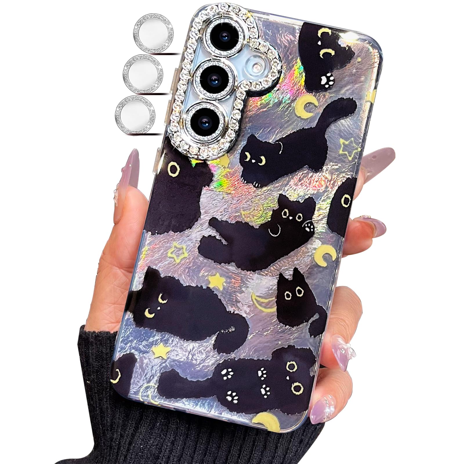 Photo 1 of buccilly Compact Case for Samsung Galaxy S24 & S25 Black cat-Silver Design,Cute Trendy Soft Slim TPU Shockproof Protective Bumper Phone Cases Cover for Women Girls Aesthetic Glitter Shiny Adorable