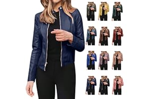 Faux Leather Jacket for Women Waist-Length Zip-Up Slim-Fit Crop Jackets Fall Long Sleeve Workwear Motorcycle Coat