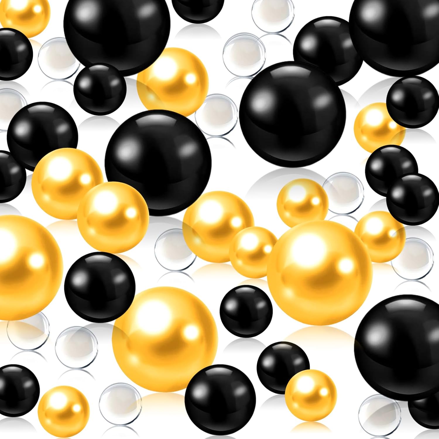 Vase Fillers - 150 PCS Pearl for Vase Filler Pearls Bead with 8000 PCS Transparent Water Gels No Hole Makeup Beads for Brush Holder Assorted Round Faux Pearl Beads for Wedding Home Decor, 8/14/20 mm (Black&Gold)
