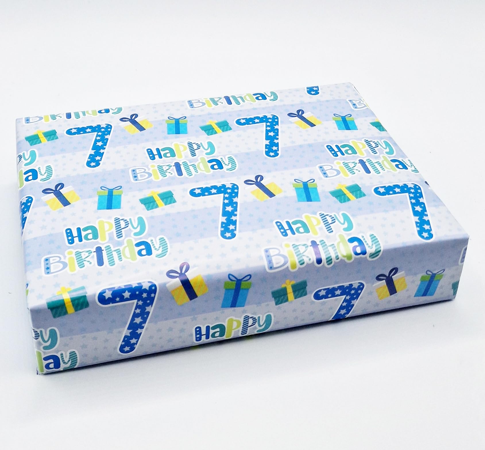 2 Sheets + 2 Gift Tags 7th Birthday Boy Blue Wrapping Paper Age 7 Cute Birthday Gift wrap Blue (PA)