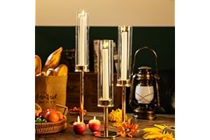 ANSHENYA Gold Candlestick Holders Taper Clear Glass Hurricane Candle Holder Bulk Vintage Candelabra Tall Hurricane Cover Christmas Wedding Table Centerpiece Home Decor Birthday Party (3pcs)