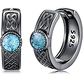 Lypic Black Viking Hoop Earrings for Men 925 Sterling Silver Rune/Ankh/Celtic Knot Turquoise Huggie Earrings Viking Jewelry Gifts for Men Women