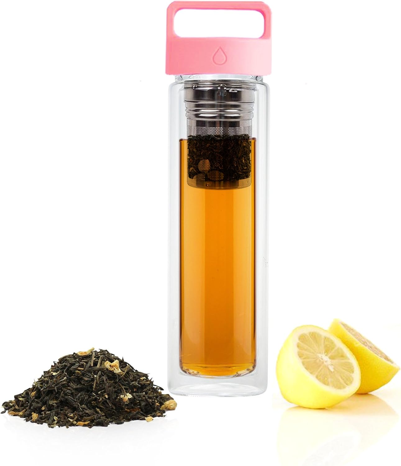 Bloom Bottle Fruit Tea Infuser Glass Tumbler Metallic Lid