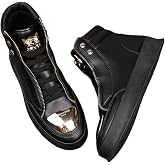Kelibasi Men's High Top Sneakers Lace Up Streetwear Shoes with Gold Zipper | Metal Charm Platform Sole Black White Ankle Boots for Urban Skate Hip Hop
