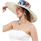 Womens Wide Brim Sun Hat Reversible Print UV Protection Oversized Beach Cap Travel UPF 50+