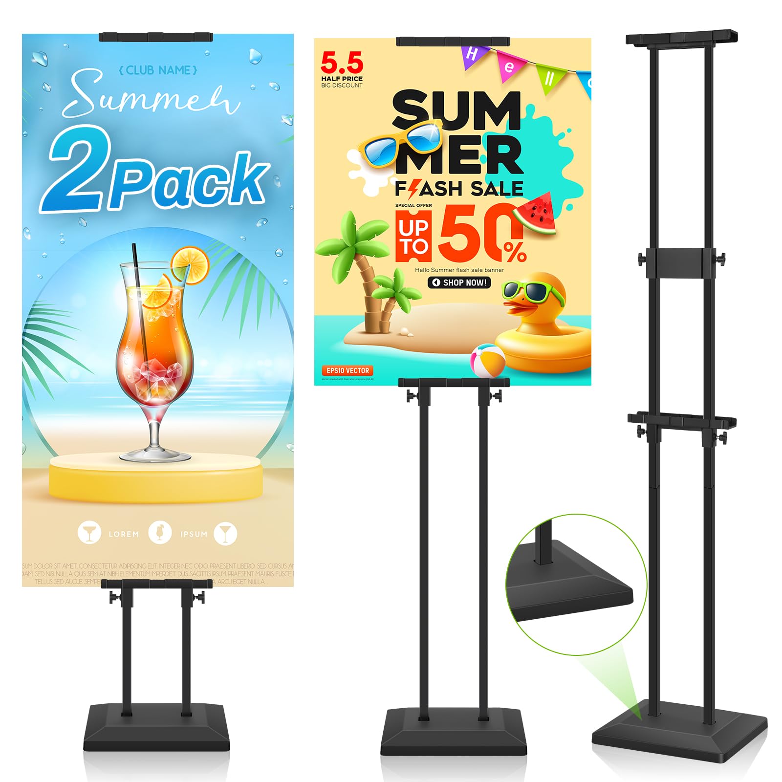 Photo 1 of 2 Pack Heavy Duty Poster Stand for Display, Sign Board Holder Banner Floor Stand 0.8in Thick Strong Base Black Pedestal Adjustable Height Up to 75in for Wedding, Restaurant, Business