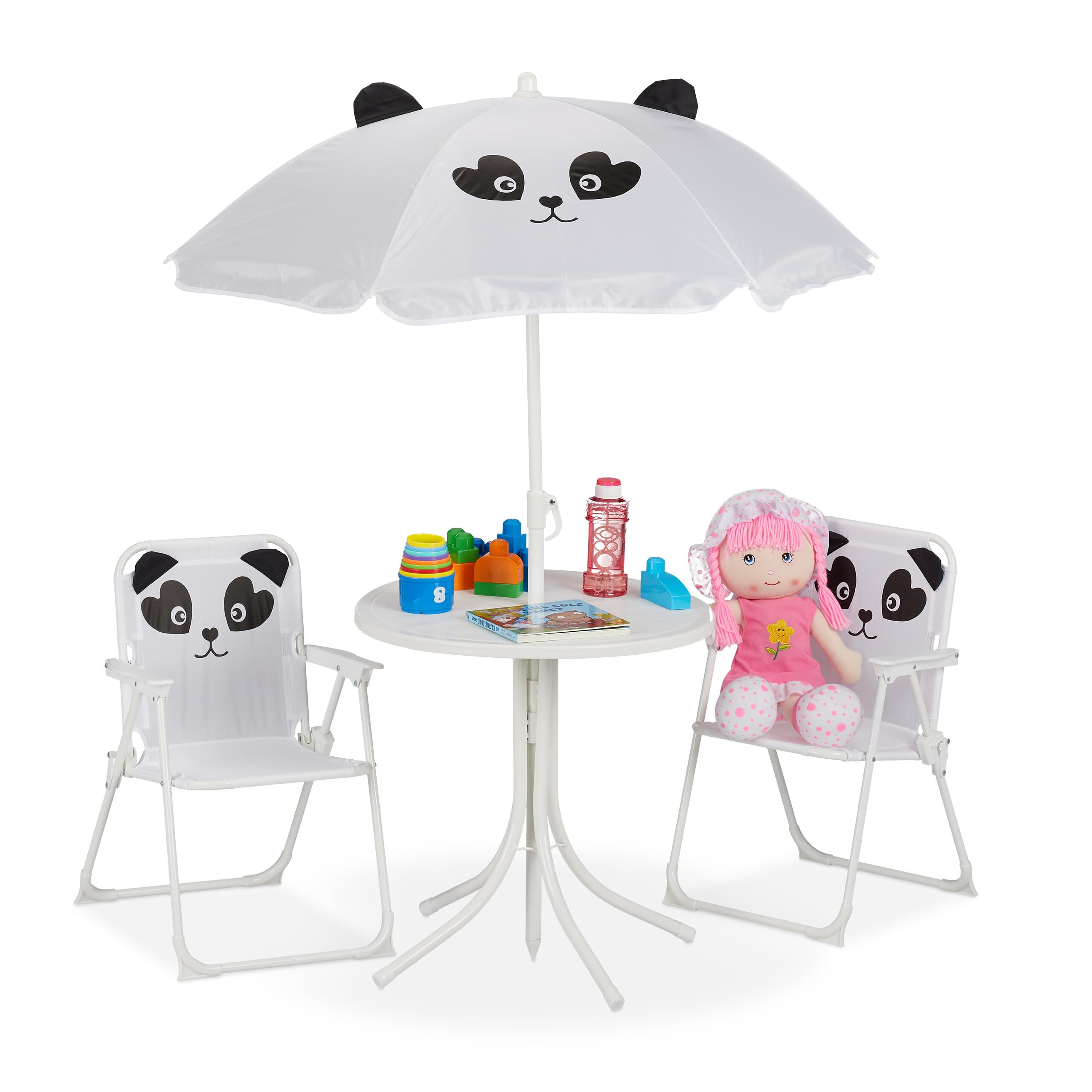 Relaxdays Children’s Camping Furniture Set with Parasol, Folding Chairs & Table, Kids’ Garden Ensemble, Panda, White
