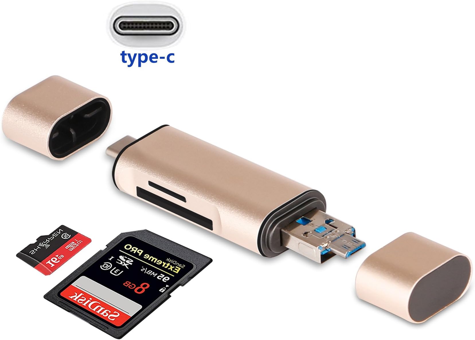 ZEDELA SD Micro SDTF Card Reader with Adapter 3-in-1 for USB-C/USB-A/Micro-USB Port,TF/SD Card Reader with OTG for Macbook Windows Computer Google Tablet Android Cell Phone Aluminum Shell-(Gold)