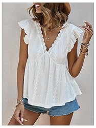 SweatyRocks Women's Lace Trimmed V Neck Ruffled