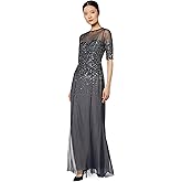 Adrianna Papell Women's Beaded Illusion Dress | Long Sequin Evening Dress with Fitted Bodice & Tulle Skirt Overlay