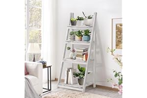 ALeesing 4 Tier Ladder Shelf, Wooden Ladder Shelf Industrial 4 Tier Bookshelf Ladder Shelves Rustic Foldable Freestanding Plant Stand, Solid Wood Shelf with for Bedroom, Living Room, White Strip Shelf