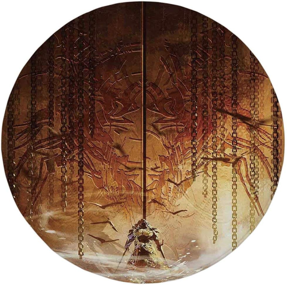 Round Rug Mat Carpet,Fantasy House Decor,Legend Knight Standing in front of the Huge Bronze Ancient Royal Heraldry Gate Artwork,Gold,Flannel Microfiber Non-slip Soft Absorbent,for Kitchen Floor Bathro