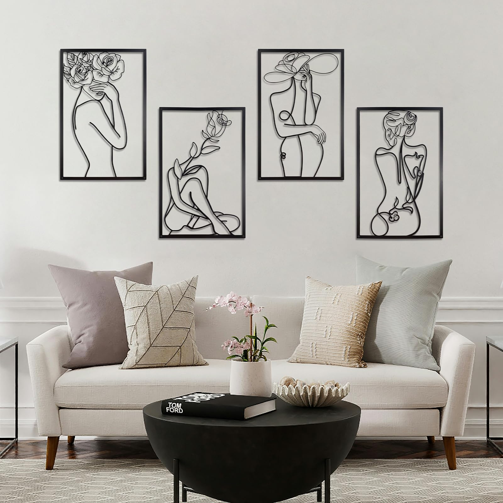 CXRYLZ 4PCS Mental Wall Art Decor, Framed Modern Wall Decor, Aesthetic Wall Decorations, Abstract Flower Line Drawing Artworks, Minimalist Wall Art for Women, Bedroom, Living Room, Bathroom (Black)