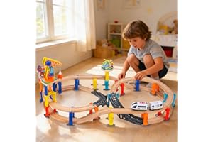 UDEAS 60Pc Wooden Train Track Set, 203-inch Track Length, Train Bridge Toy Set for Toddlers, Scenario Building Blocks Toddler