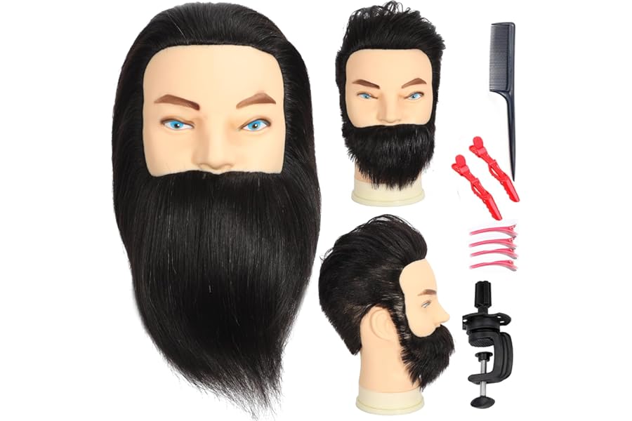 Male Mannequin Head with Beard 100% Human Hair Haircut Manikin Head for Cosmetology Straight Thick Hair Doll Head with Human Hair with Stand Practice Cutting Styling