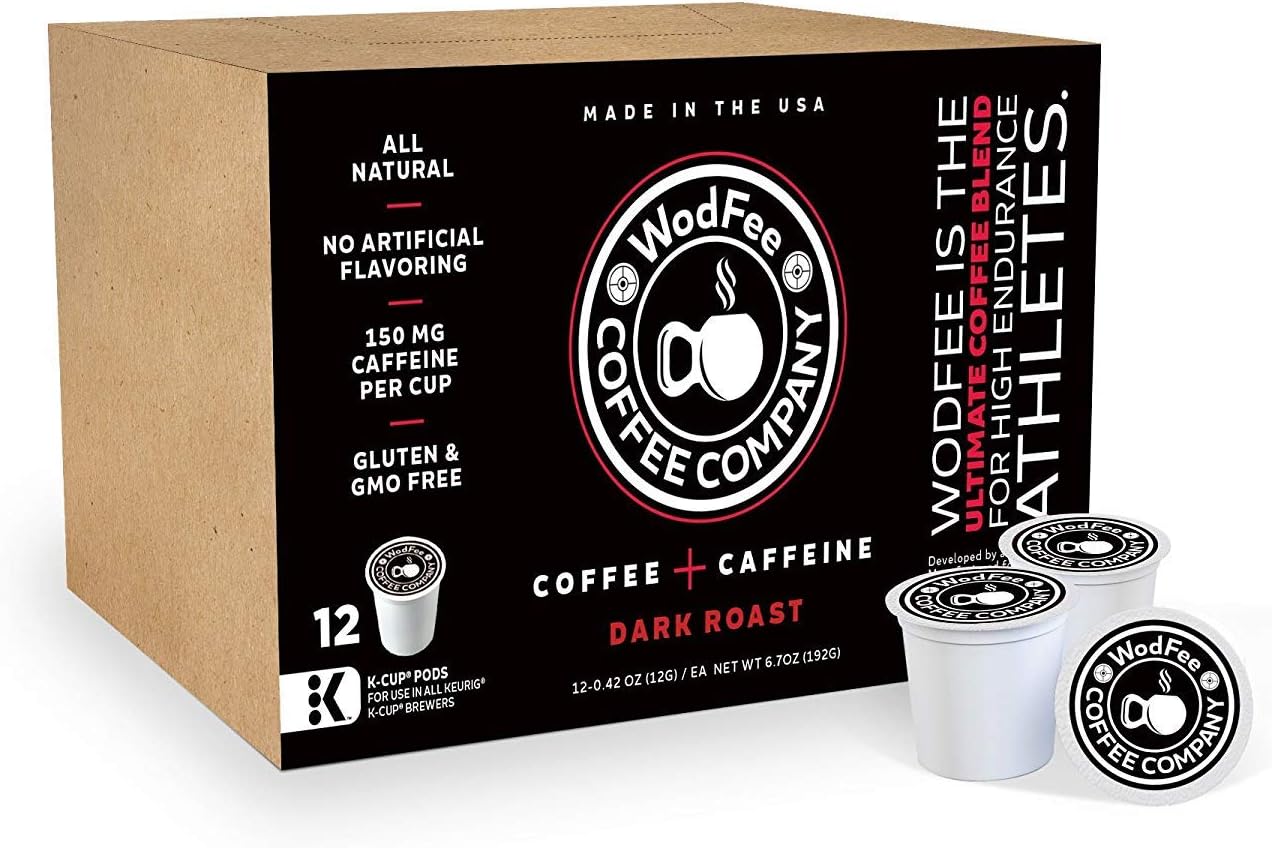 WodFee Coffee Company | Worlds Strongest Coffee with Added Caffeine | All Natural Blend, No Artificial Sweeteners & Made in The USA | Gluten Free & Non-GMO | 12 K Cups (Dark Roast)