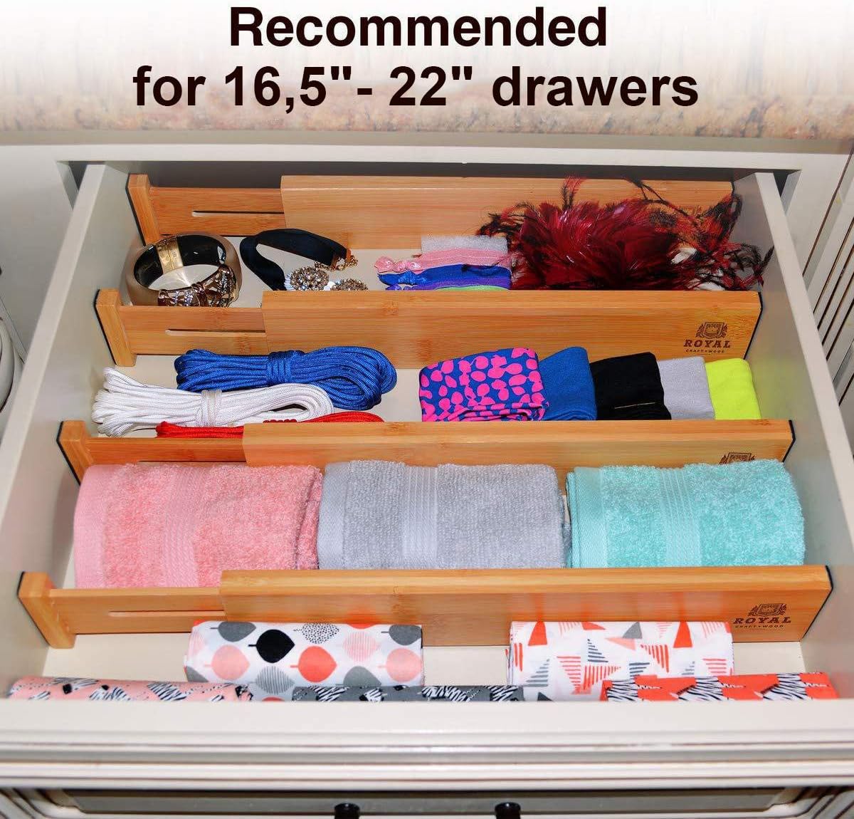 Adjustable Bamboo Drawer Dividers Organizers - Expandable Drawer Organization Separators For Kitchen, Dresser, Bedroom, Bathroom and Office, 4-Pack (17-22 IN, Natural): Home Improvement