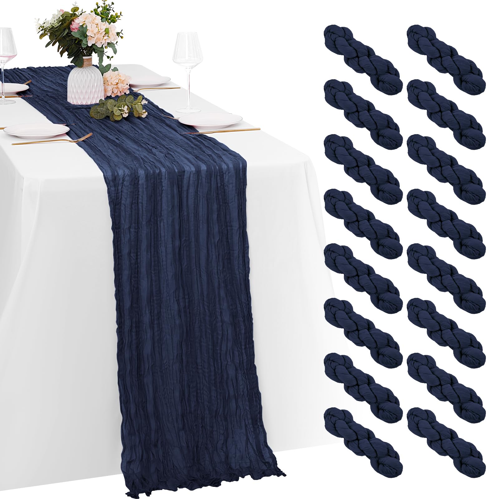 Photo 1 of 16 Pack Navy Blue Cheesecloth Table Runners 20x120 Inch Gauze Table Runner Cheese Cloth 10FT Blue Table Runner Rustic Sheer Runner for Wedding Baby Shower Birthday Party Table Decor