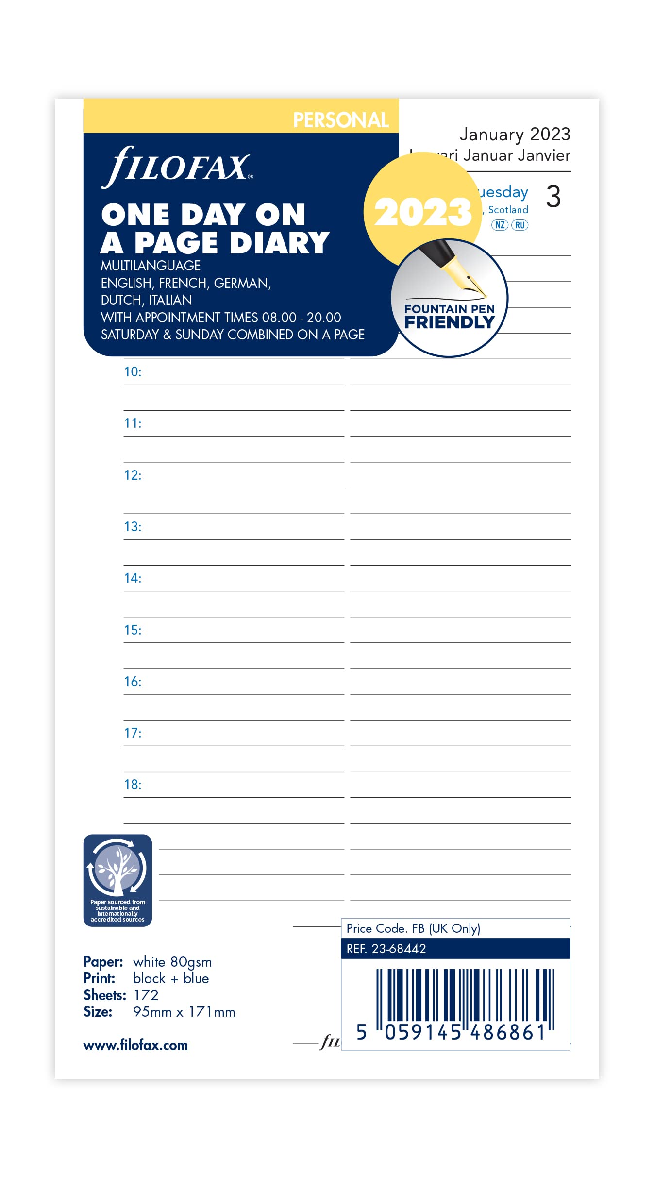 Filofax Personal Day per Page 5 Language Diary - 2023, White (23-68442)
