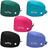 SATINIOR 5 Pieces Bouffant Cap with Buttons Unisex Sweatband Adjustable Tie Back Hat