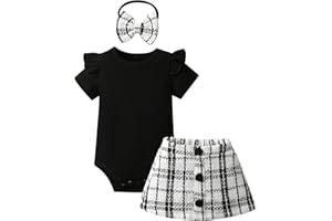 Infant Baby Girls Summer Dress Ruffle Short Sleeve Black Tops A-line Plaid Skirt Headband 3pcs Outfits Set