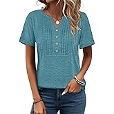 PGANDS Women's V Neck Short Sleeve Shirts Pleated Button Down Summer Tops