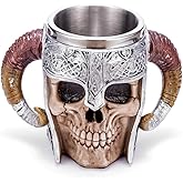 Stainless Steel Double Handle Horn Skull Beer Cup, Viking Warrior Skull Mug Tankard, Medieval Drinkware Mug for Coffee/Beverage/Juice 17oz.