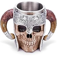 Stainless Steel Double Handle Horn Skull Beer Cup, Viking Warrior Skull Mug Tankard, Medieval Skull Drinkware Mug for Coffee/