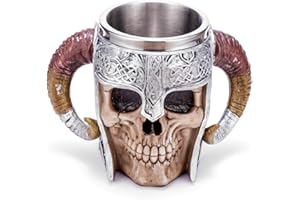 Stainless Steel Double Handle Horn Skull Beer Cup, Viking Warrior Skull Mug Tankard, Medieval Skull Drinkware Mug for Coffee/