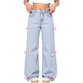 MakeMeChic Girl's Bowknot Jeans Elastic Waist Wide Leg Cute Y2k Denim Pants