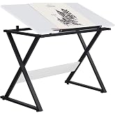 Yaheetech Height Adjustable Drafting Table, Tilting Art Desk, White | Sturdy Powder-Coated Steel X-Frame Holds an MDF Top Tilting 0-30&deg; and Adjusting 30-41In Tall for Drawing, Crafts and Puzzles.