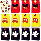 24 Packs Mickey Gift Bags with 36 Pcs Stickers Mouse Party Favors Cookies Candy Gift Bags Party Supplies for Kids Boys Girls 