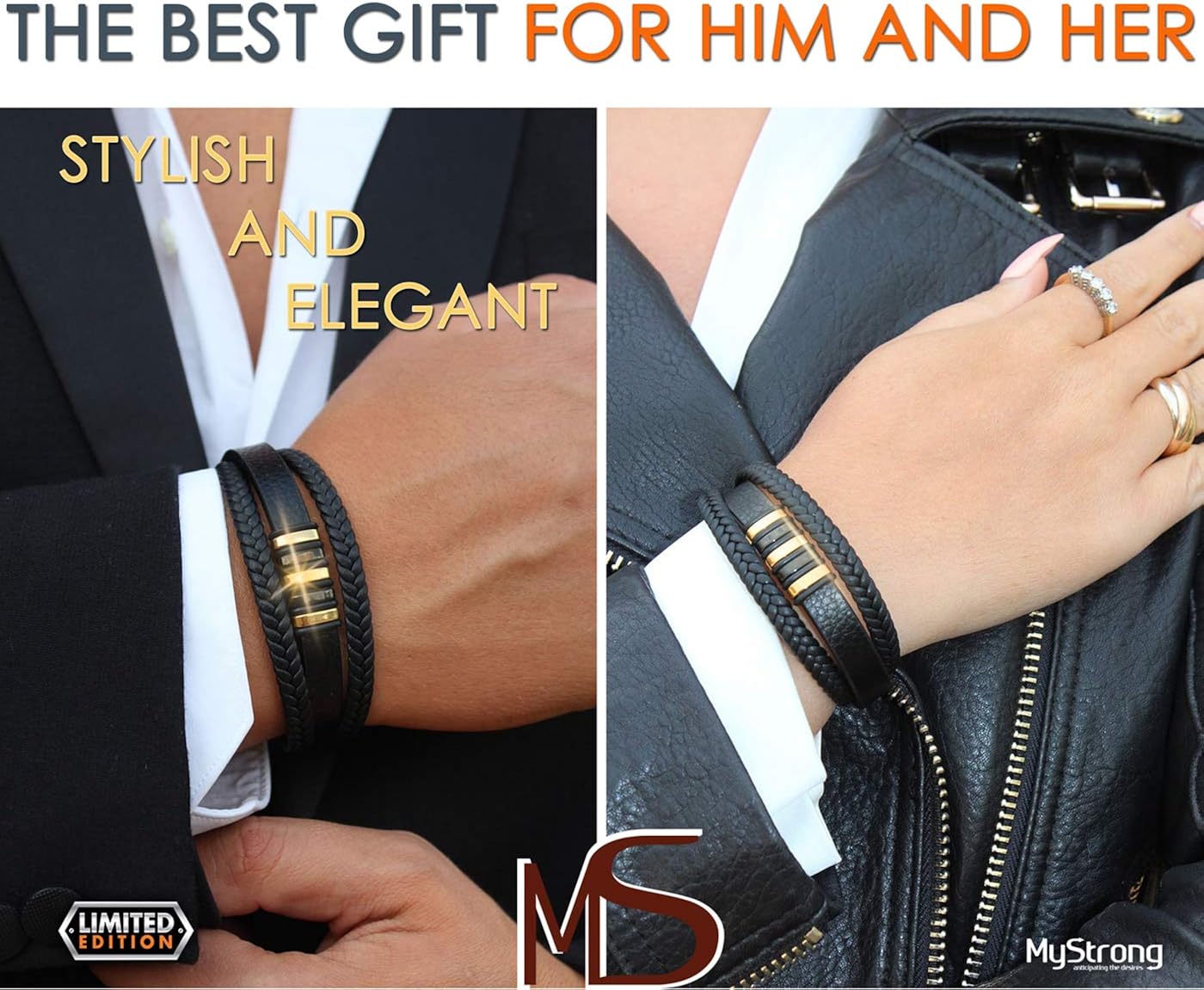 MyStrong Men's Leather Bracelet Stainless Steel Magnetic Clasp - Stylish Braided Mens Bracelets Wrist - Multilayer Leather Cuff Bracelet Magnet Closure - Charm Leather Bracelet for Men Women, Black: Clothing