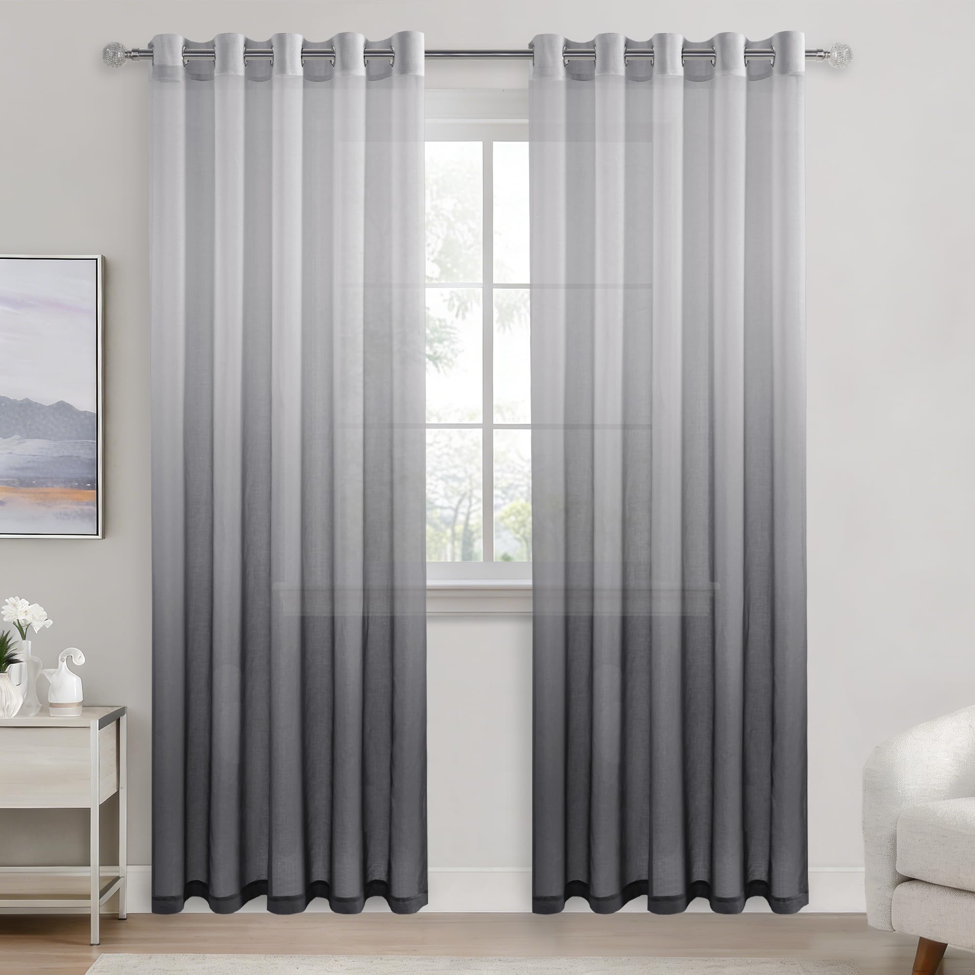 DWCN Grey Gradient Curtains for Living Room Net Curtain Eyelet Voile Curtains 90 Drop Pair Sheer curtains for Bedroom Set of 2, 66 x 90 Inches